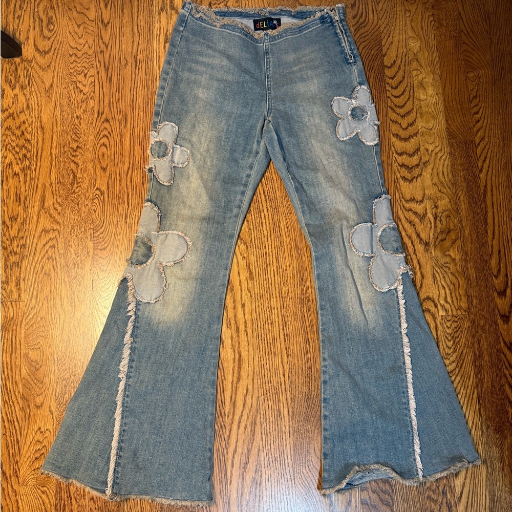 Dolls Kill Blue Flare Jeans with Floral Details